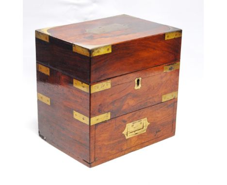 19th century brass-bound rosewood apothecary box and contents, by Savory and Moore, London, including glass bottles, scales, 