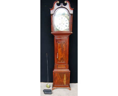 19th century mahogany eight day longcase clock by Shedden of Perth, the swan neck pediment over arched painted face depicting