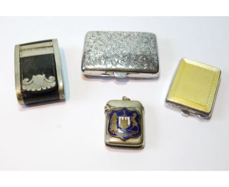 Silver cigarette case, a similar enamelled vesta book holder, a Georgian nickel-mounted horn snuff box and a similar vesta ca