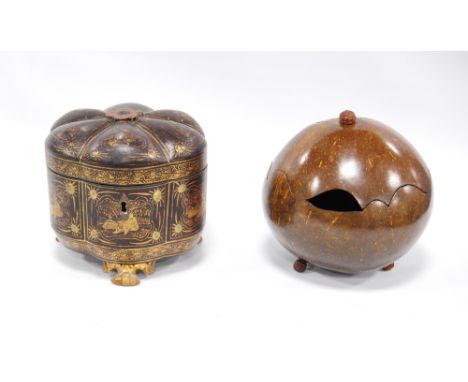 Early 19th century black lacquer and gilt tea caddy of lobed form with three paw feet, 13cm high, also a covered bowl made fr