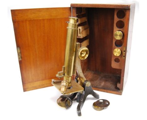 Brass microscope by Henry Crouch of London, no. 3493, in a fitted box with Crouch 1in lens case and a Zeiss Jena B objective 