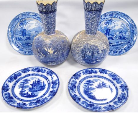 Spode blue and white dish depicting an Indian hunting scene, and another, Staffordshire; also two Royal Doulton plates and tw