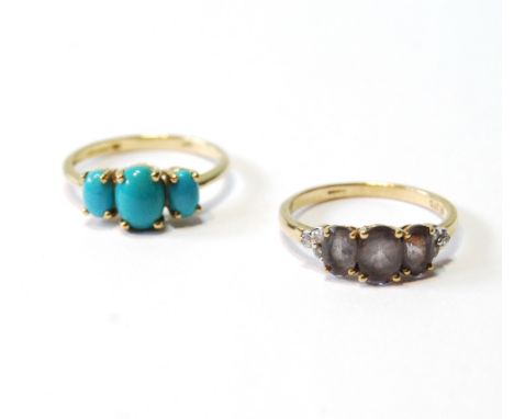 Turquoise ring and another with citrines, in 9ct gold, both size R.