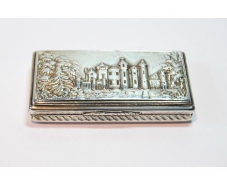 Silver 'castle top' snuff box with embossed view of Abbotsford, with engine-turned sides and base, by Nathaniel Mills, Birmin