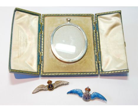 Edwardian silver miniature frame, 1905, a silver and enamel RAF sweetheart brooch and another, Naval, metal.