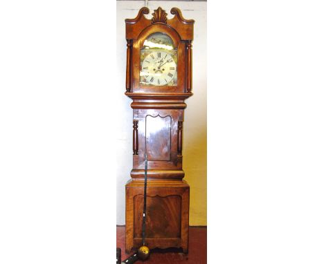 Early 19th century mahogany eight day longcase clock with anchor escapement striking on a bell, the swan neck pediment over p