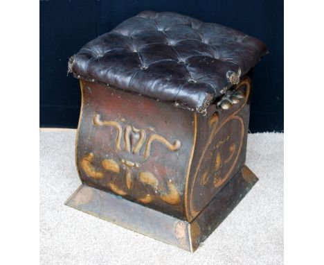 Arts & Crafts copper fireside stand/coal box, the square cushioned seat over floral serpentine trunk and splayed plinth base,