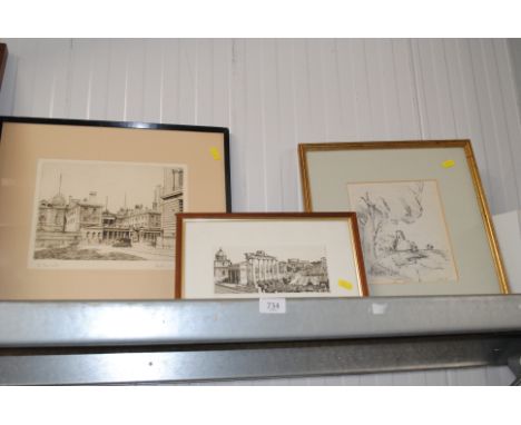 A pencil signed etching and other another pencil signed limited edition etching with blind stamped to the margin and a gilt f