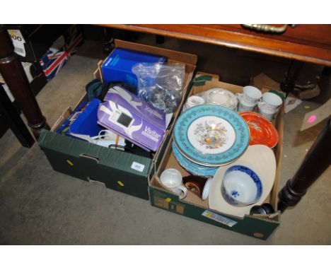 Two boxes containing Aynsley and other china, Polaroid accessories etc. 