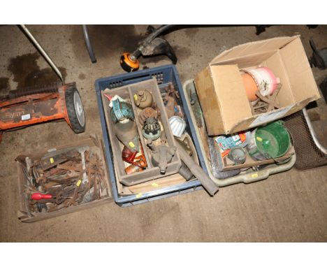 Three boxes containing various spanners, vices, hand tools etc.