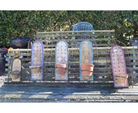 Five metal and tile wall hanging garden planters 