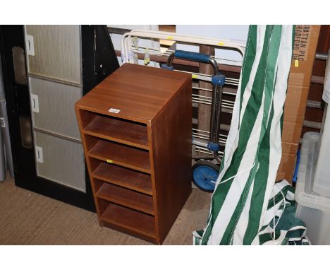 A clothes airer, sack barrow and shelf unit 