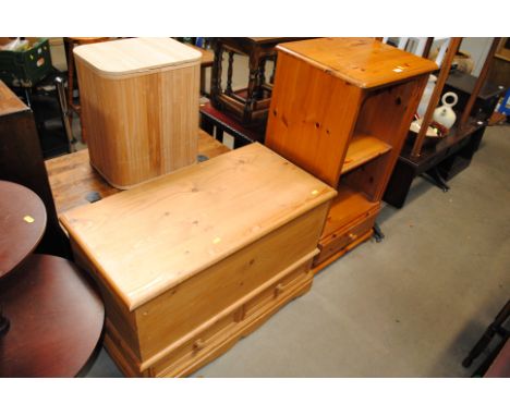 A pine blanket box fitted two drawers and a pine shelf fitted single drawer below