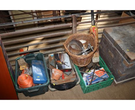 Three boxes and a basket containing various hand tools, cricket bat etc.