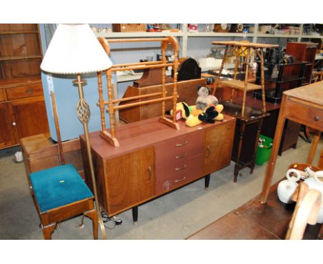 A mid-20th Century sideboard; standard lamp and towel rail