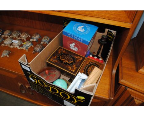 A box containing wooden inlaid trinket boxes, Caithness paperweight etc.