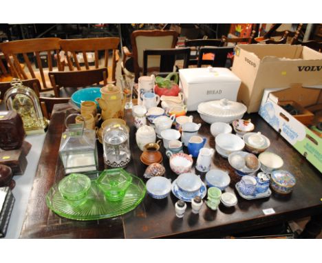 A collection of various pattern tea ware, dressing table items, bread bin etc.