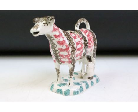 19th Century Staffordshire Prattware cow creamer &amp; stopper, with kneeling milk maid and pail, with sponged decoration. Me