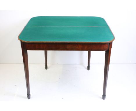 Regency style Mahogany Fold-over Card Table raised on square tapering legs with spade feet, 95cm wide x 46cm deep x 75cm high
