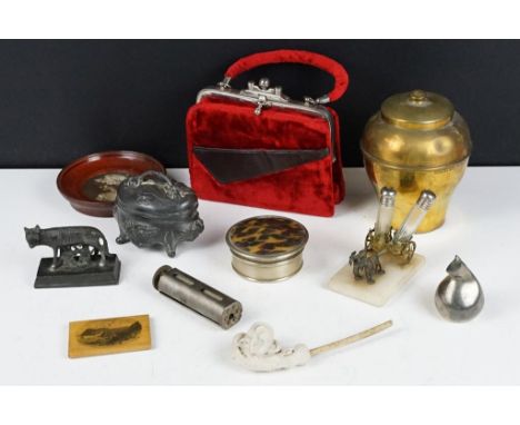A small group of mixed collectables to include a British Empire exhibition brass tea caddy, vintage cigarette rolling machine