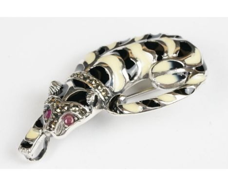 Silver and Enamel Leopard Brooch / Pendant Necklace with ruby eyes 