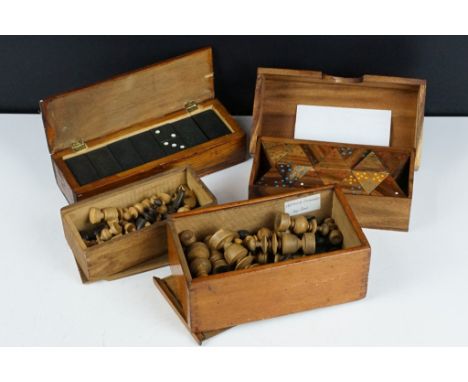 Early 20th century Mahogany Boxed Boxwood Chess Set together with another Boxed Wooden Chess Set, Boxed set of Wooden Tri-Dom
