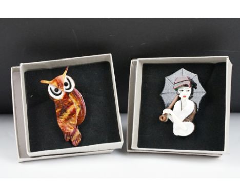Two Boxed Lea Stein style Brooches in the form of Owl and an Art Deco Lady with umbrella 
