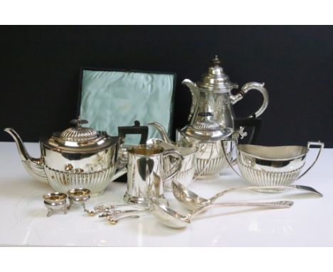 Collection of silver plated items to include a silver plated tea set including teapot, hot water, cream jug and sugar bowl, a