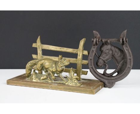 Early 20th century brass letter rack in the form of a fox with fence behind (20.5cm wide), together with a cast iron horse do