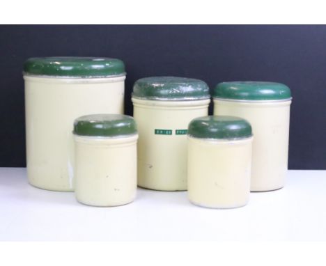 Set of five 1960's British military food canisters with covers, broad arrow marks &amp; dates to bases, tallest approx 23.5cm