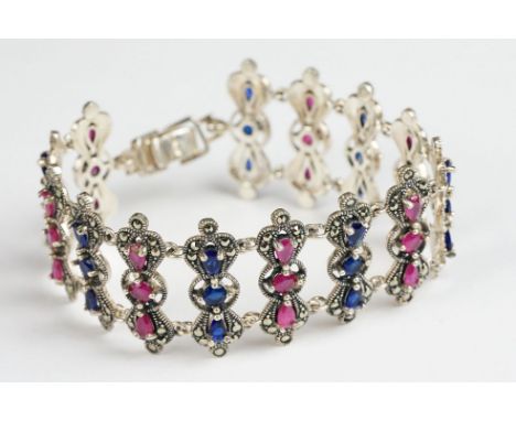 Silver Marcasite Ruby and Sapphire Bracelet 