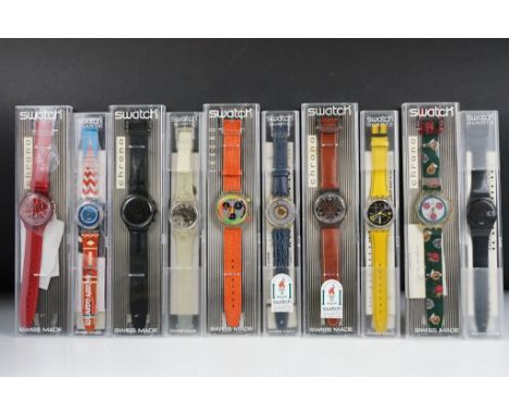 A collection of ten unworn Swatch Swiss made wristwatches to include 1996 Atlanta Olympics, Chronometer and Quartz  examples 