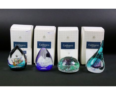 Four Caithness Scottish glass limited edition paper weights to include Moroccan Nights by Helen MacDonald 90/500, Mystic Shri