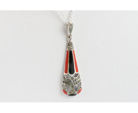 Silver and Enamel Art Deco style Pendant Necklace 