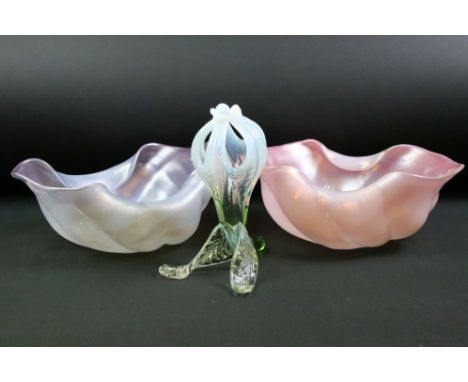 Two 1930s Art Deco Kralik pink and lilac glass bowls having pierced handles together with a green and opaline glass floral or