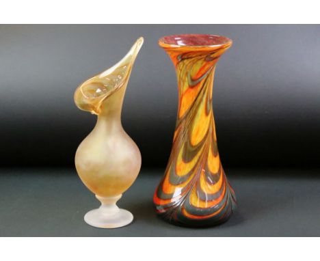 Two Gibraltar crystal studio art glass vases to include one mottled orange and iridescent glass vase and a footed vase with f