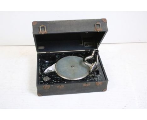 Early 20th Century Decca portable record player having a faux marble interior complete with a box of songster needles in thei