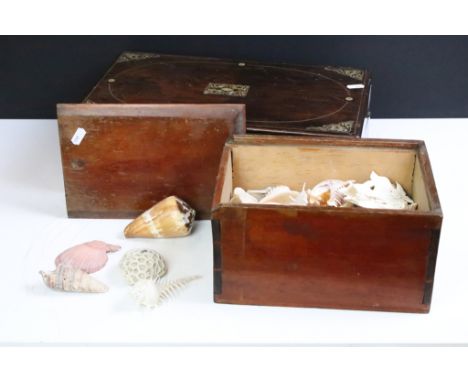 19th century rosewood writing slope with inlaid mother-of-pearl decoration (a/f, 40.5cm wide), together with a quantity of se