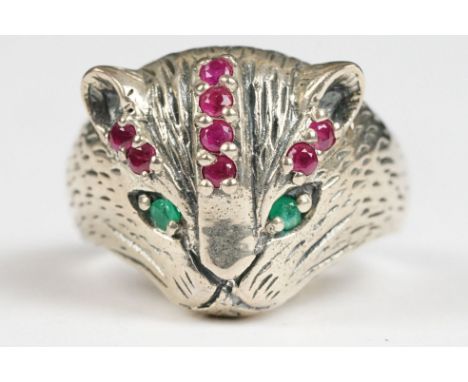 Silver Cat Dress Ring set with Ruby and Emerald Eyes 