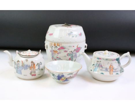 Four pieces of Chinese antique porcelain to include a famille rose tea pot depicting garden scenes, a double handled tea pot 