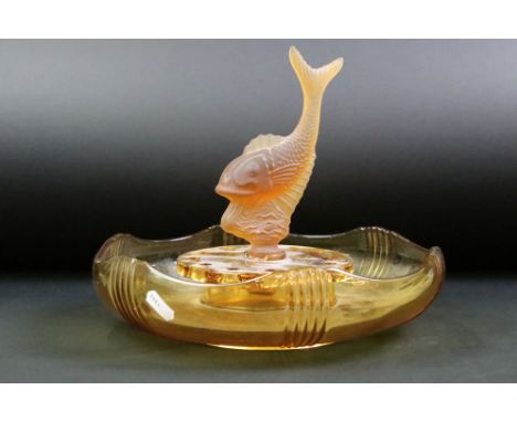 Art Deco 1930s Josef Volant flying fish poissan volant pressed amber glass flower frog bowl having a removable fish centrepie