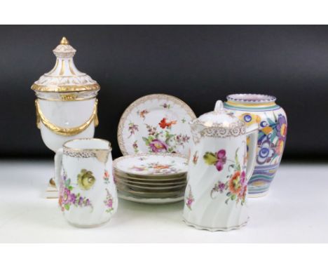 Group of early 20th century Dresden hand painted floral coffee ware (coffee pot &amp; cover, milk jug, 6 tea plates &amp; cak