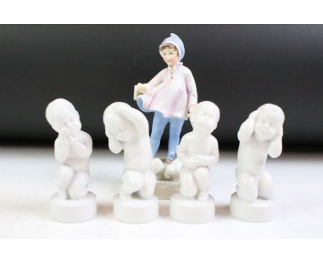 Four B&amp;G Copenhagen ceramic baby figurines (no. 2206-2209) together with a Royal Worcester fantails figurine 3760 (AF, bi