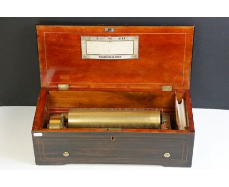 19th century Swiss cylinder rosewood 4-airs overture music box, the marquetry inlaid lid with strung decoration, opening to a