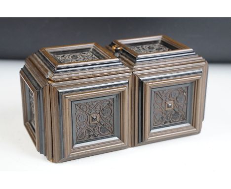Late 19th century wooden tea caddy of rectangular form, decorated with carved floral panels to each face, the panels with rai