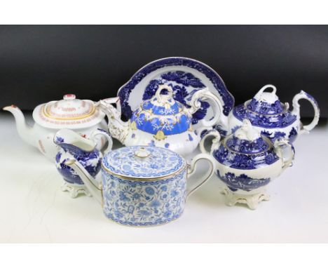 Group of ceramic tea pots to include two 19th Century examples, a Royal crown Derby blue and white teapot and a transfer prin