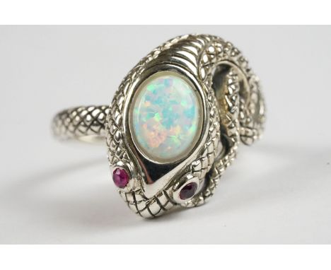 Silver Cobra Snake style Ring with opal panel and ruby eyes 