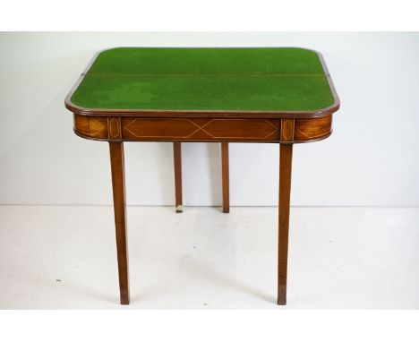 Regency style Mahogany and Satinwood Inlaid Fold-over Card Table, the hinged top opening to a green baise playing surface, ra
