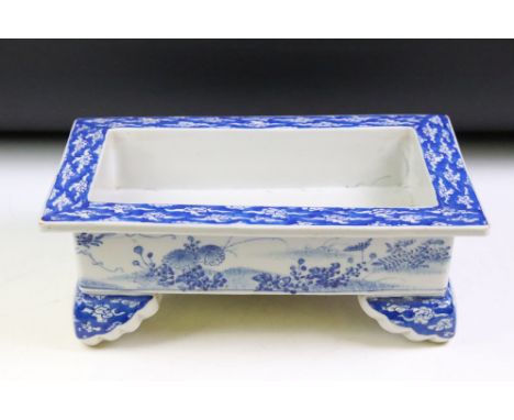 Chinese blue and white ceramic Bonsai Tree planter having a hand painted landscape detailing raised on bracket feet. Unsigned