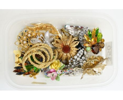 Assorted Brooches including Mother of Pearl Butterfly, Gilt, Paste, Diamonte, etc 